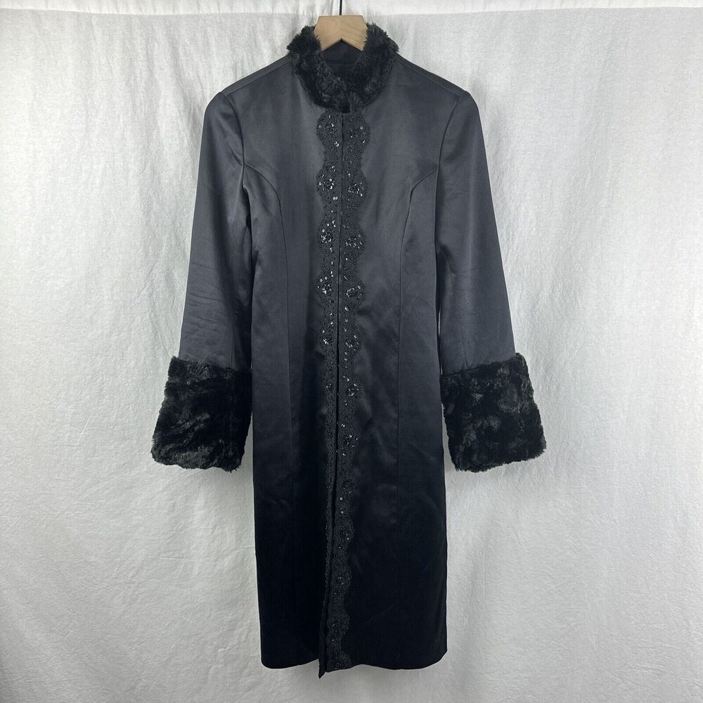 Hype Vintage Faux Fur Sequin Trim Black Silk Goth Evening Long Jacket Womens 8 - Picture 1 of 15